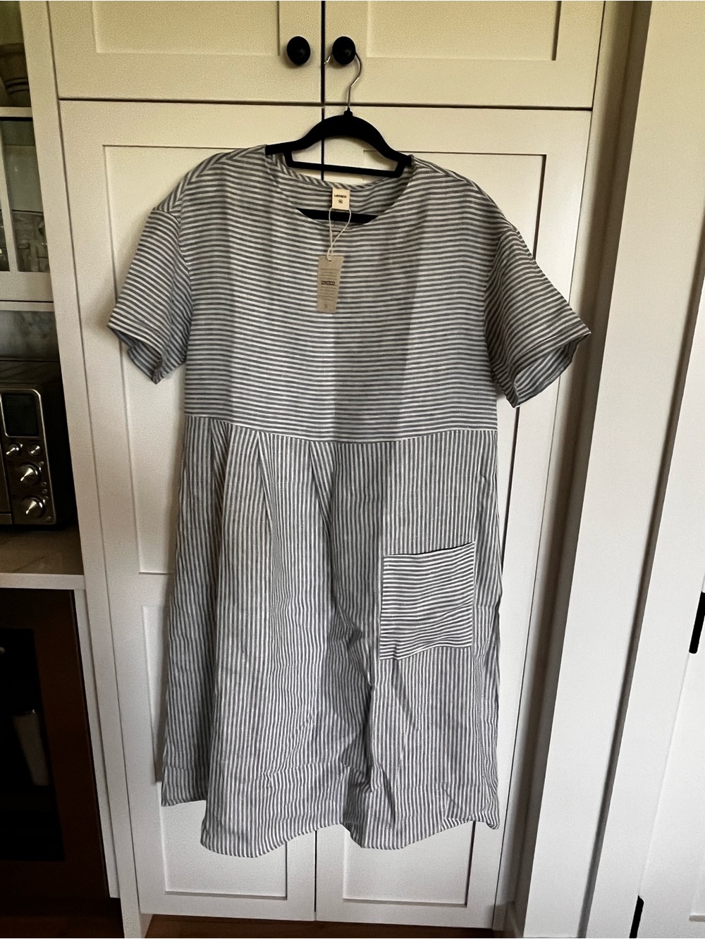 Striped Short-Sleeve Linen Mini Dress in Blue and White